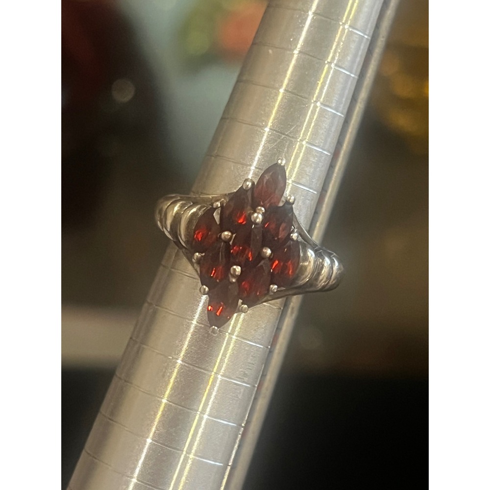 Vintage ONA 925 Sterling Silver Garnet Marquise Cluster Navette Ring Size 8.5